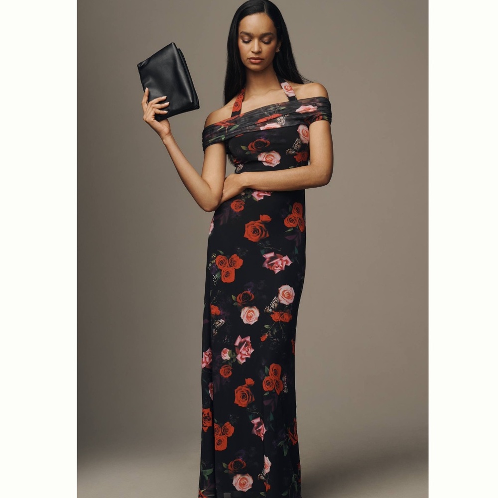 Anthropologie AFRM Yvonne Off-The-Shoulder Floral Rose Mesh Maxi Dress Size XS